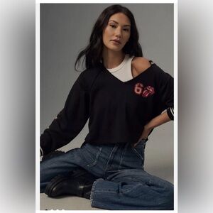 Anthropologie Pilcro Rolling Stones V Neck Sweatshirt Sticky Fingers Logo M